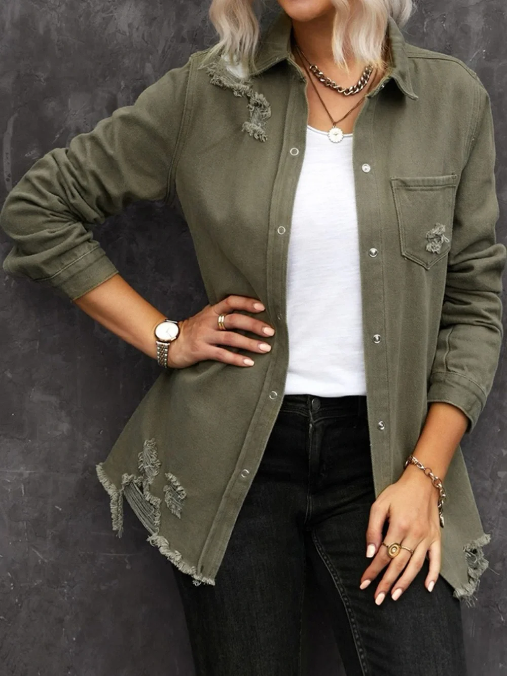 Raw Hem Distressed Denim Shirt Jacket